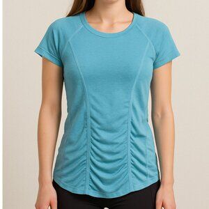 Athleta Ruched Short Sleeve Top Size M Blue Stretch Activewear Workout Shirt